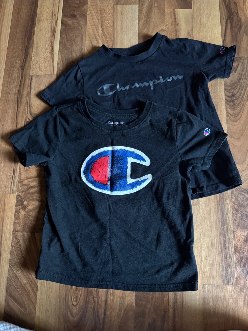 2 Champion Black Kids Tee with Red & Blue Patch Logo